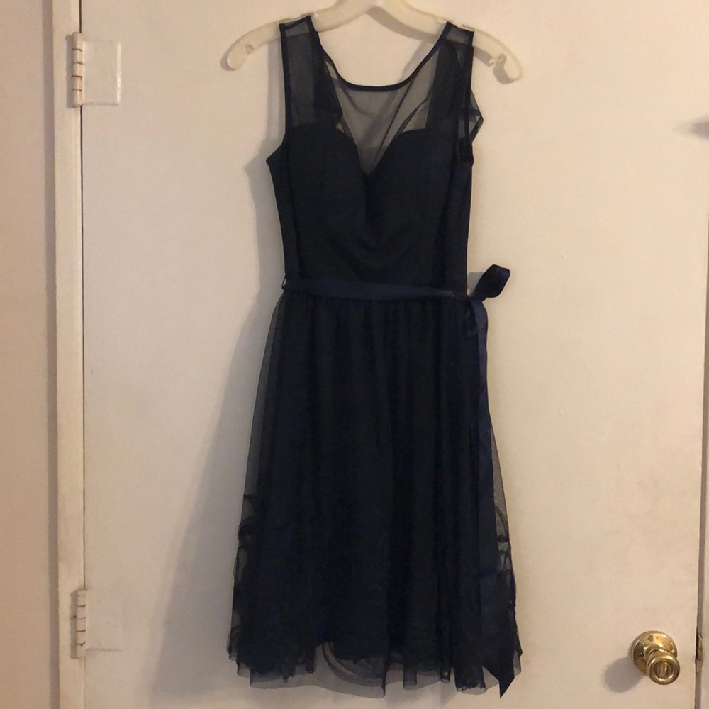 Navy Blue Mesh Cocktail Dress - Picture 3 of 8